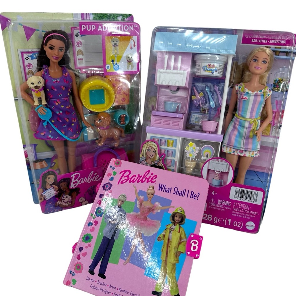 Barbie Pup Adoption‎ & Ice Cream Shop Playset with Doll & Vintage Barbie Book.
